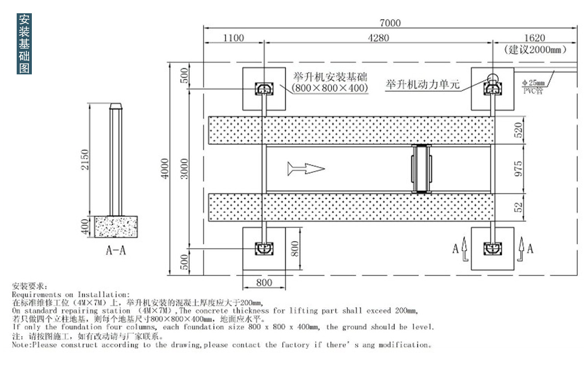 信力QJY4B四柱液壓舉升機安裝基礎(chǔ)圖